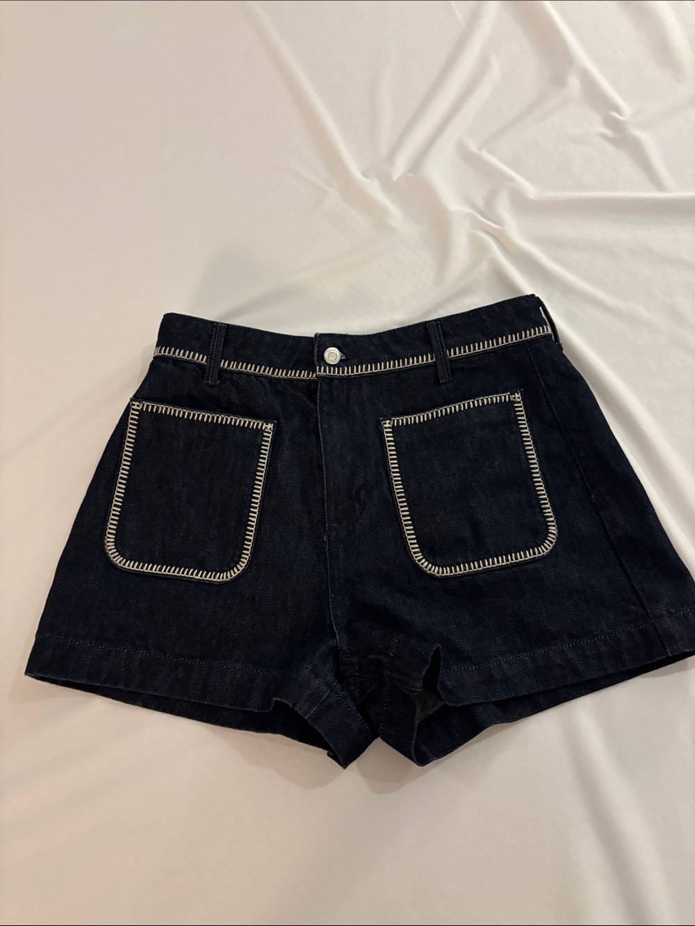 Zara Black Denim Shorts with Contrast White Stitching